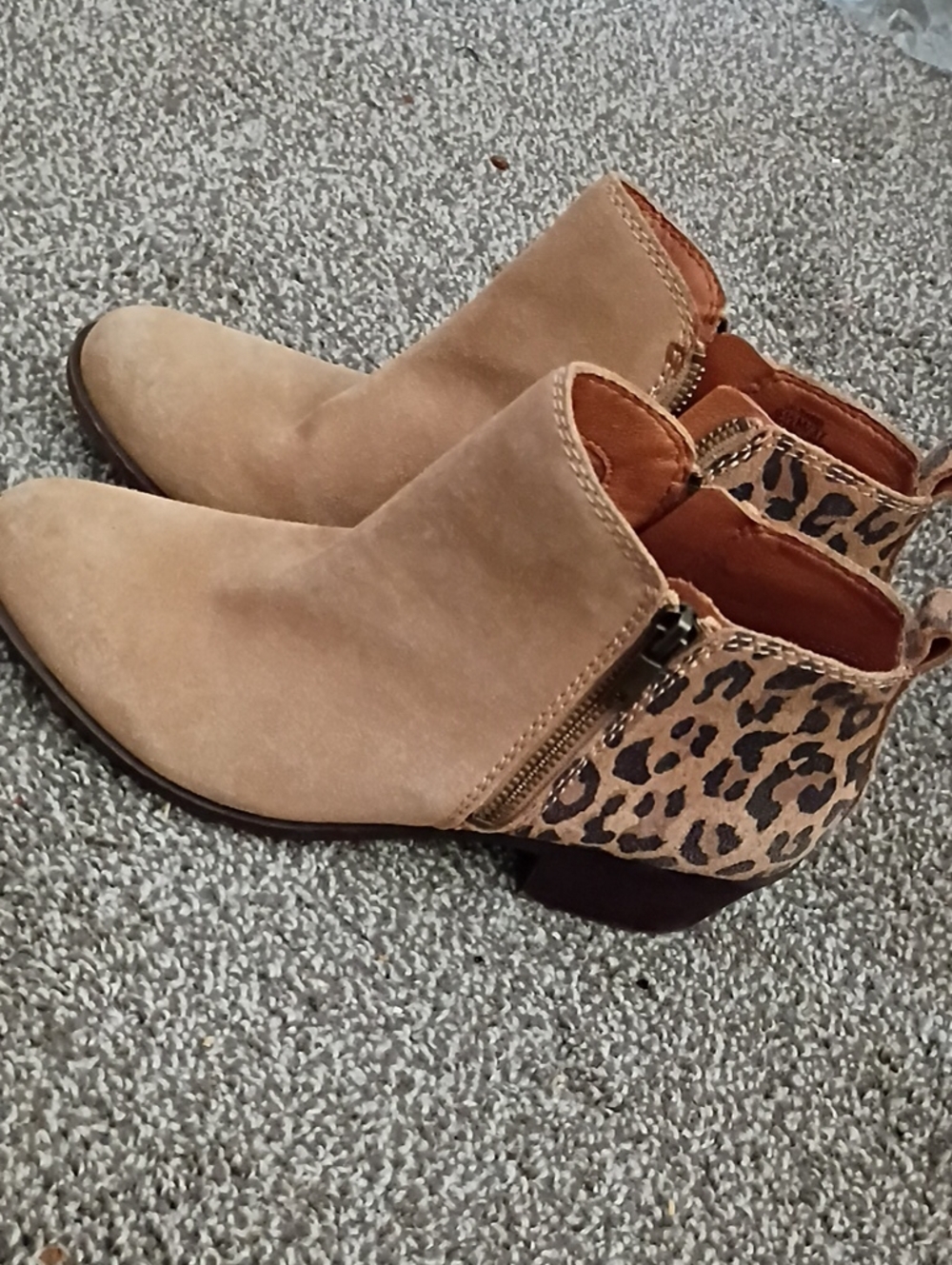 Lucky Brand Tan Suede Ankle Booties with Leopard Heel Accent